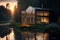 Secluded tiny house on the shore of a lake with fog in a coniferous forest in cold cloudy lighting with warm light