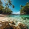 a secluded tropical beach with palm trees and turquoise waters taken during midday with bright sunlight. Generative AI
