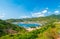 Secluded tropical coast line turquoise transparent water palm trees, undeveloped bay Quy Nhon Nha Trang, Vietnam central coast