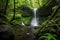 Secluded Waterfall Amidst Lush Greenery on a Rainy Day