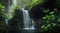 A secluded waterfall surrounded by lush foliage, with butterflies gathering near the cascading water