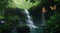 A secluded waterfall surrounded by lush foliage, with butterflies gathering near the cascading water