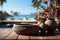 Secluded wooden table framed by palm trees and white backdrop, relaxing summer scene