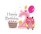 Second birthday greeting card. Cute owl, balloon and birthday cake vector background