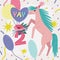 Second birthday wishes vector greeting card template. Cute horse character with composition of balloons, floral bouquet