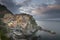 Second city of the Cique Terre sequence of hill cities - Manarola. Colorful spring sunset in Liguria, Italy