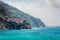 Second city of the Cique Terre sequence of hill cities - Manarola, view from Corniglia town. Misty spring morning in Liguria, Ital