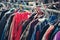 Second hand clothing, vintage fashion on flea market, Berlin