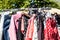 Second hand pink fashion women\'s clothing at flea market