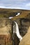 Second highest waterfall in Iceland - Haifoss. Gloomy morning view of deep canyon. Travel to Iceland. Beauty of nature concept