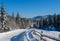 Secondary countryside alpine road to remote mountain hamlet through snowy fir forest, snow drifts and wood fence on wayside