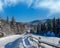 Secondary countryside alpine road to remote mountain hamlet through snowy fir forest, snow drifts and wood fence on wayside