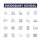 Secondary school line vector icons and signs. Junior High, Academy, Sixth Form, Grammar School, Middle School