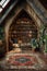 Secret attic reading room hidden behind a bookcase3D render