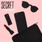 Secret essentials flatlay cosmetic bag, phone, lipstick, sunglasses. Modern purse design. Make up set accessories.