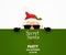 Secret Santa Claus invitation background standing behind a blank sign, showing on big blank sign. Cartoon Santa Claus