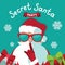 Secret Santa party template design on a blue background