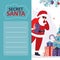 Secret santa printable banner. Christmas greeting card with Santa Claus. Funny grandfather in red costume