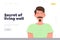 Secrets of living well landing page design template with adult happy hipster man character portrait