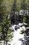 A section of Alberta Falls plunging around boulders in a pine forest on the Glacier Gorge Trail in Rocky Mountain National Park