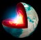 Section of the Earth, globe. Core and soil layers. Earth`s surface and ground section