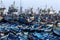 A section of the huge fishing boat fleet at the port of Essaouira on the west coast of Morocco.