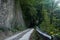 Section of a road with an anti-rockfall net on a rock ledge in a mountain forest