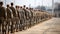 Section of soldiers legs in military uniform and boots standing in line at camp, american army