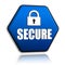 Secure and padlock sign on blue hexagon banner