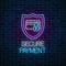 Secure payment glowing neon sign. Payment protection symbol with shield and credit card with lock