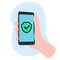 Secure smartphone screen, green shield, hand holding phone, antivirus in phone