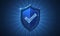 Secure technology. Polygonal wireframe shield with check mark sign on dark blue.