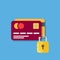 Security of bank cards. Two debit cards secured with a lock. Icon of a plastic card indicating the safety of storing