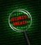 SECURITY BREACH in red revealed in green computer machine code through a magnifying glass