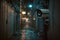 A security camera monitoring a dim and eerie alley. Generative AI illustration