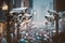 Security cameras poised above crowds of people on a busy city street collecting data. Generative AI illustration