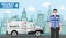 Security concept. Detailed illustration of armored car and security guard on background with cityscape in flat style