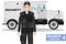 Security concept. Detailed illustration of armored car and security guard on white background in flat style. Vector