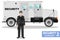 Security concept. Detailed illustration of armored car and security guard on white background in flat style. Vector