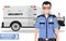 Security concept. Detailed illustration of armored car and security guard on white background in flat style. Vector