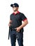 Security guards wearing black glasses and hats Stand holding a rubber baton and handcuffs on a tactical belt. on a isolated white