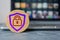 Security icon protection and internet privacy a wood block with icons of the shield with a padlock inside