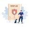 Security Man Wearing Sunglasses and Guardian Uniform Stand with Dog at Huge Book with Shield and Glowing Light Bulb