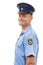 Security, officer and portrait of police with smile on white background for authority, leadership and pride. Law