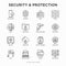 Security and protection thin line icons set: mobile security, fingerprint, badge, firewall, face ID, secure folder, surveillance