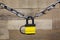 Security Series Chained Yellow Padlock Wooden Background