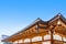 Security system CCTV and details of traditional wooden Japanese temple roof inside the Fushimi Inari Shrine.