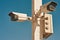 Security and video control CCTV camera, closeup. Surveillance and monitoring concept