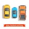 Sedan, hatchback cars and pickup truck top view