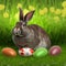 Sedate Continental Giant rabbit sitting on green grass with easter eggs.